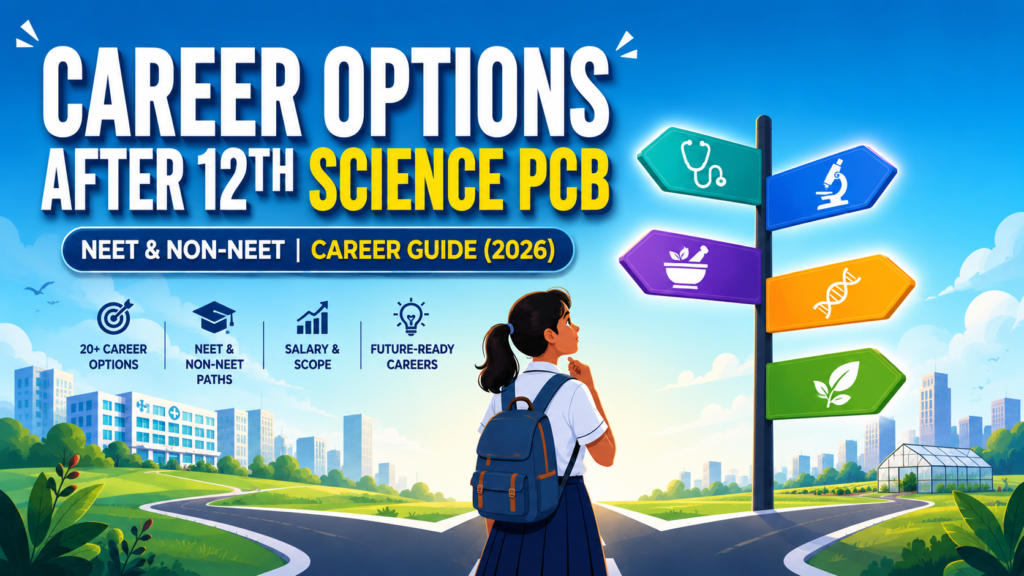 Indian student choosing career options after 12th science PCB at a signpost of medical and science paths