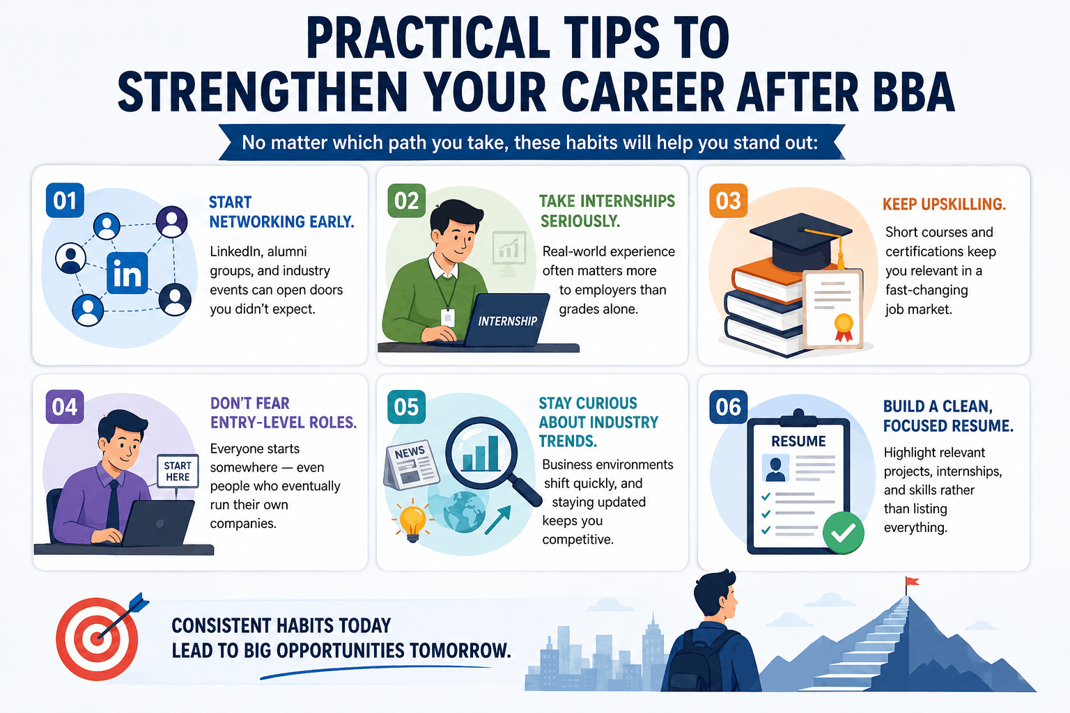 Illustration showing career after BBA options including graduation, jobs, and growth