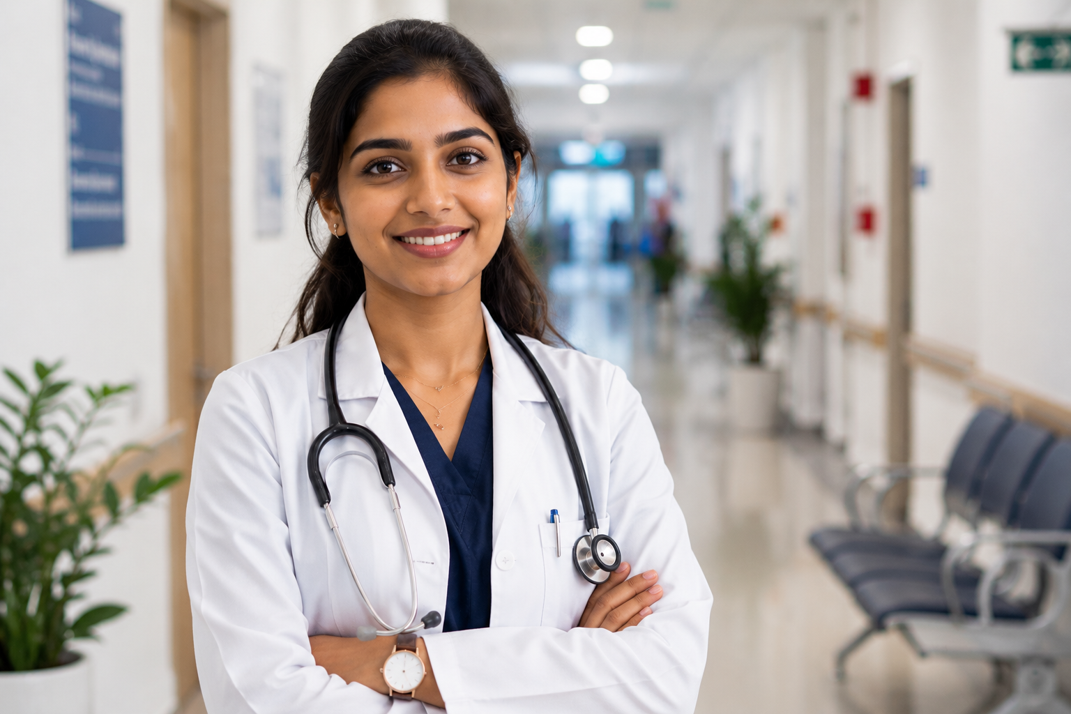 Indian woman doctor smiling confidently in a modern hospital corridor