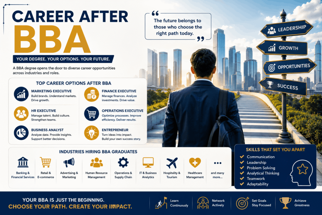 Illustration showing career after BBA options including graduation, jobs, and growth