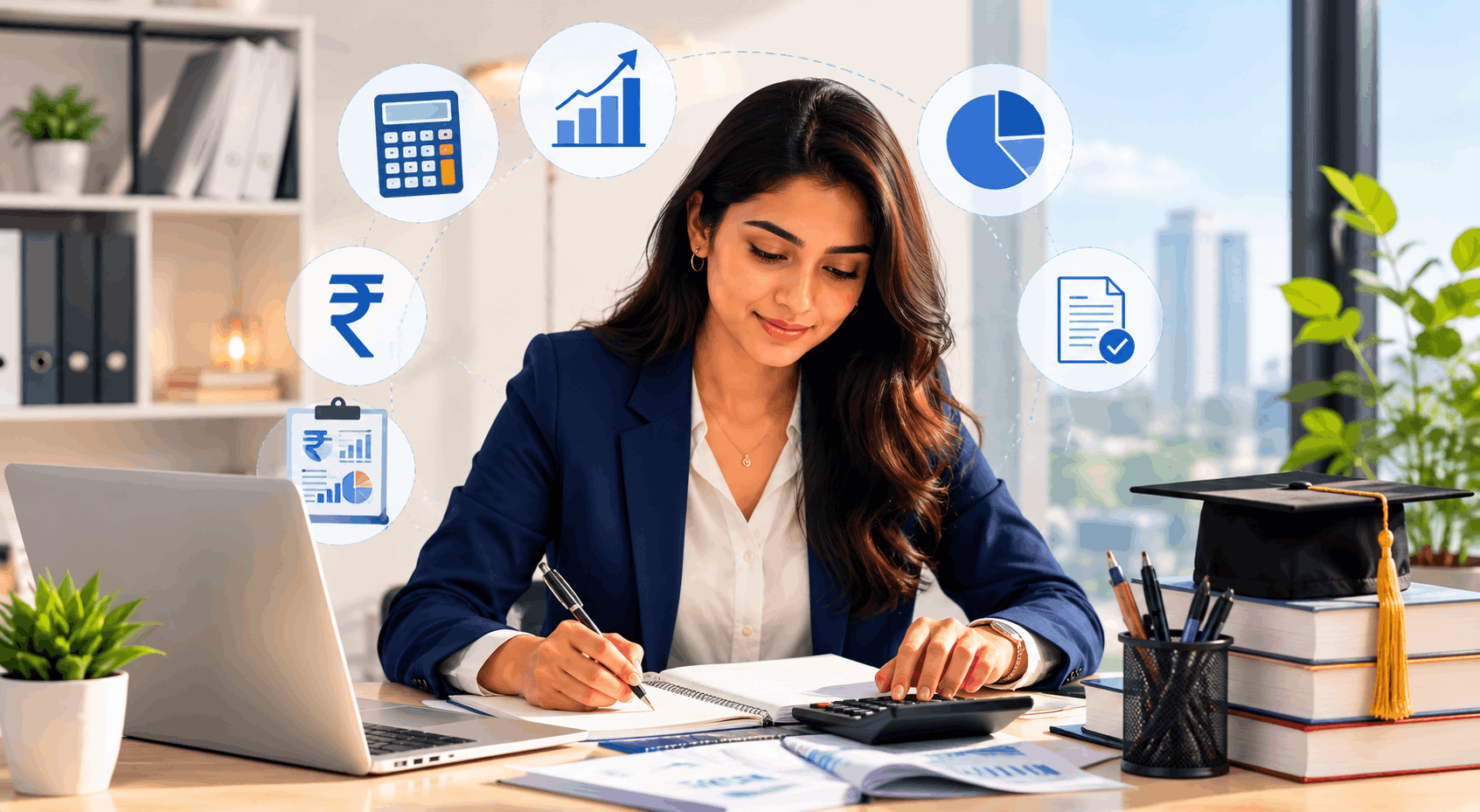 Young Indian woman working as a Chartered Accountant in a modern office