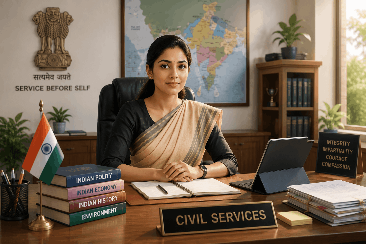 Aspiring female UPSC officer working in a government administration office