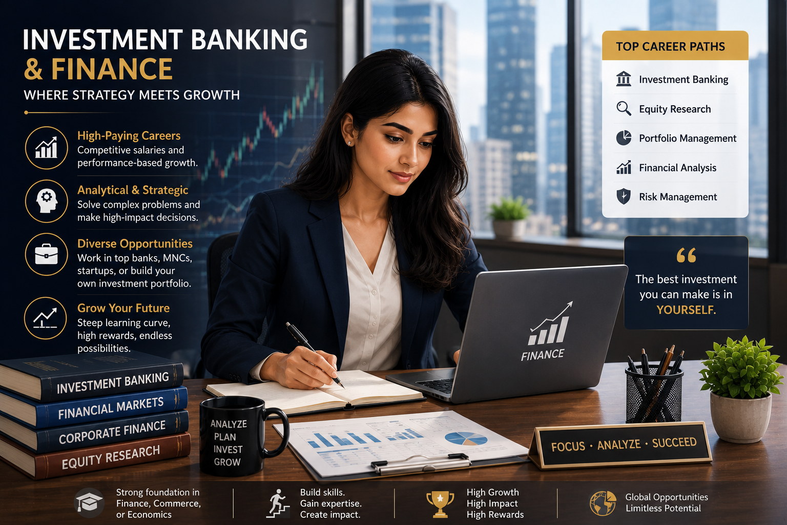 Female finance professional analyzing financial reports and market data