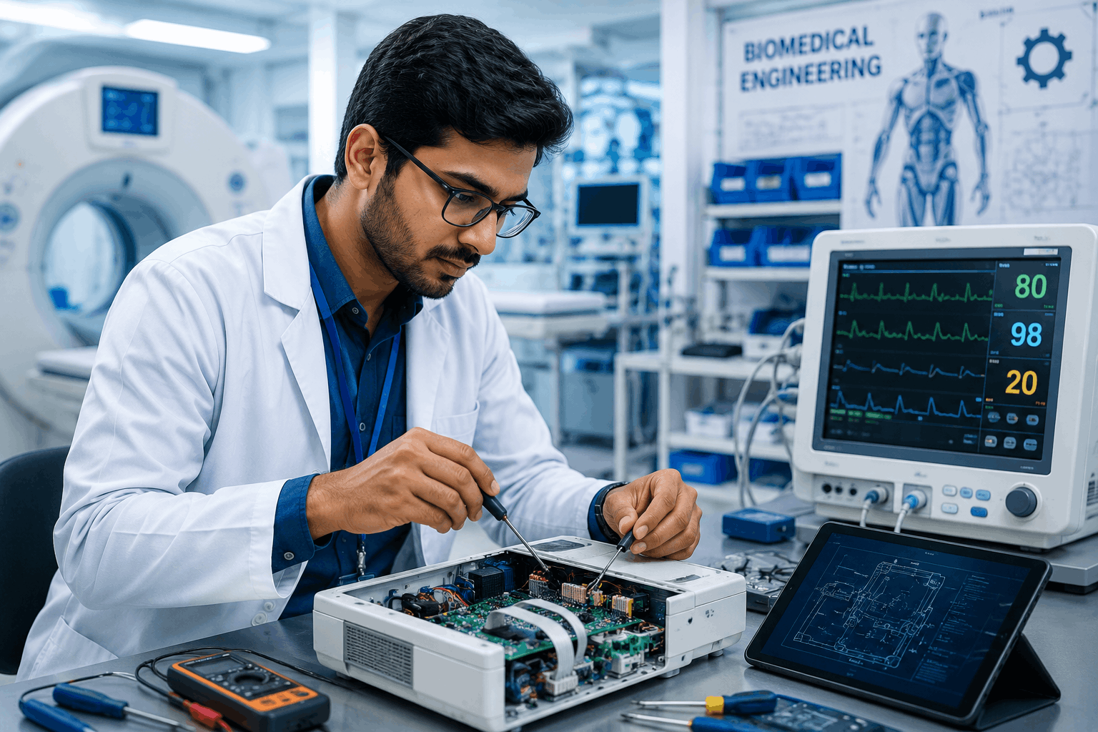 biomedical engineer working with medical equipment