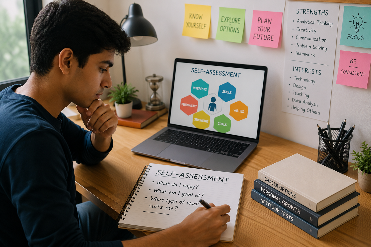 Career guidance in India showing a student researching emerging career options like UX/UI design, data analytics, freelancing, and government jobs.