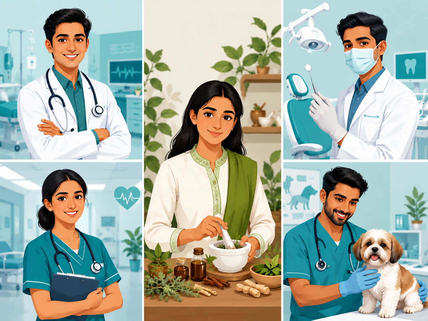 Doctor, dentist, nurse, vet and Ayurveda practitioner showing PCB medical career options