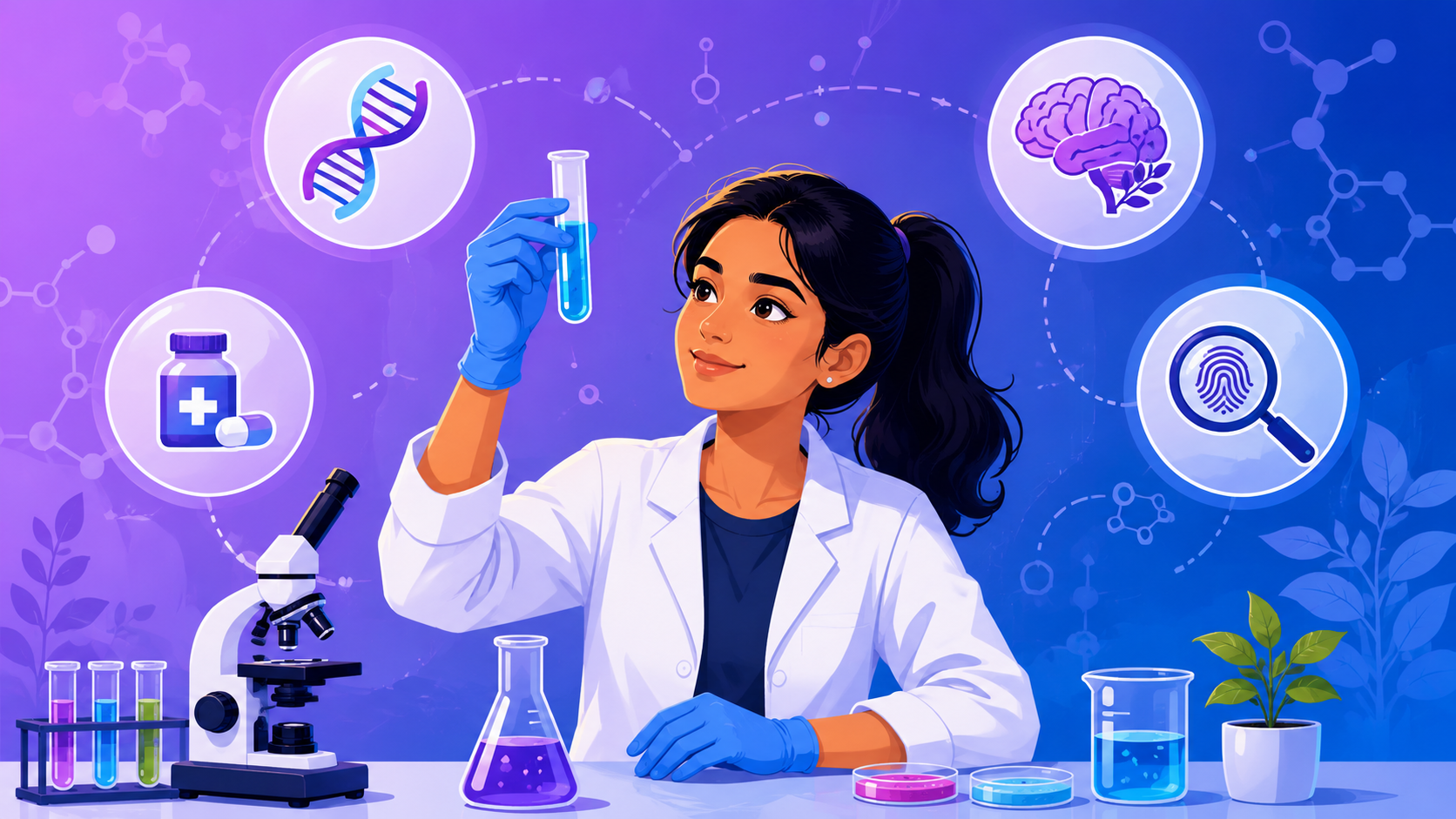 PCB student in a lab with test tube, DNA and microscope showing non-NEET courses