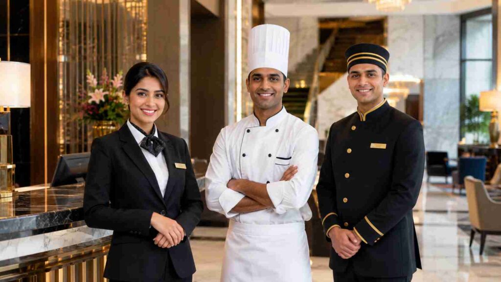Career options after hotel management in a luxury five-star hotel with professional front office staff welcoming guests at an elegant reception desk.