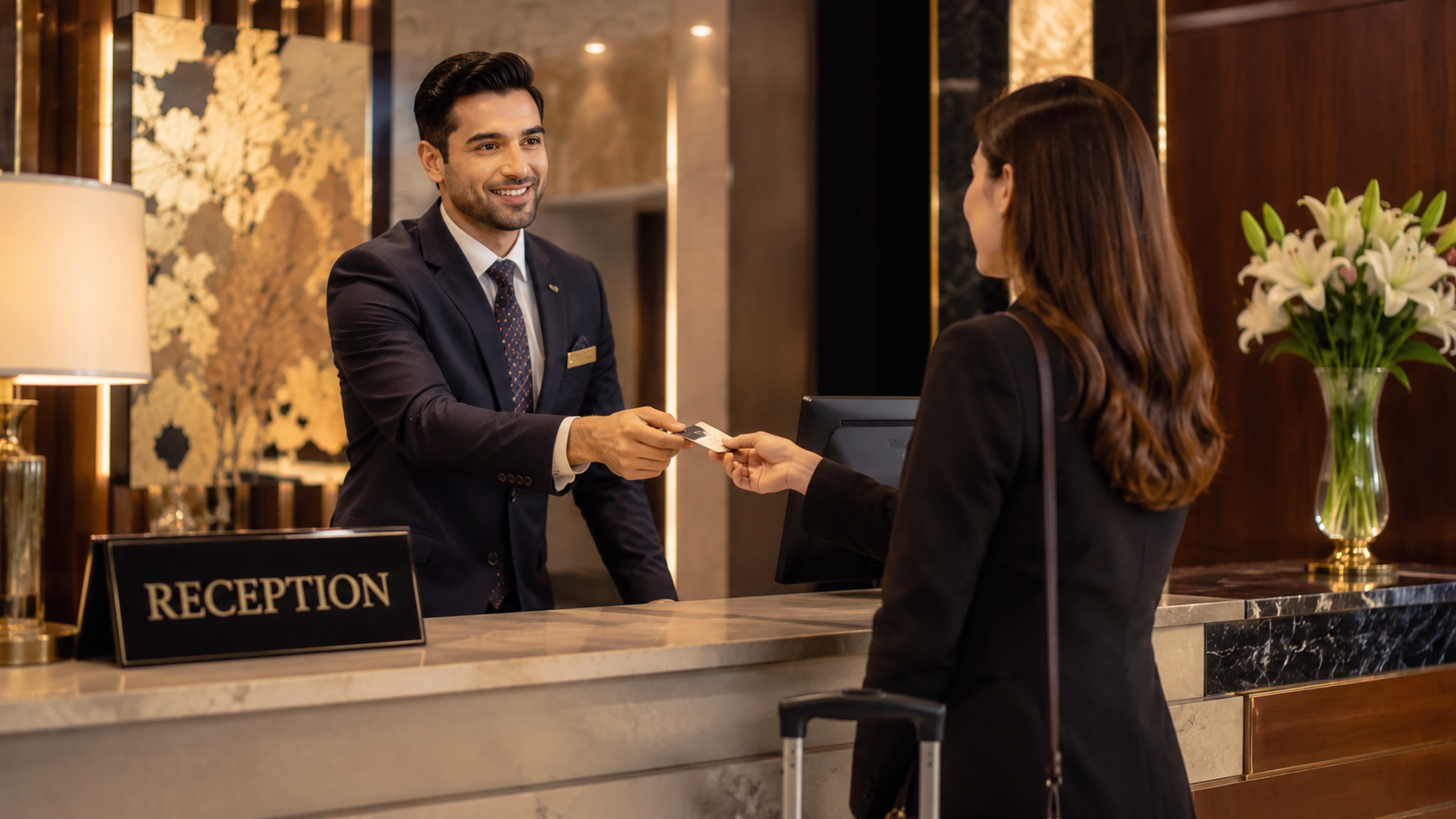 Career options after hotel management in a luxury five-star hotel with professional front office staff welcoming guests at an elegant reception desk.