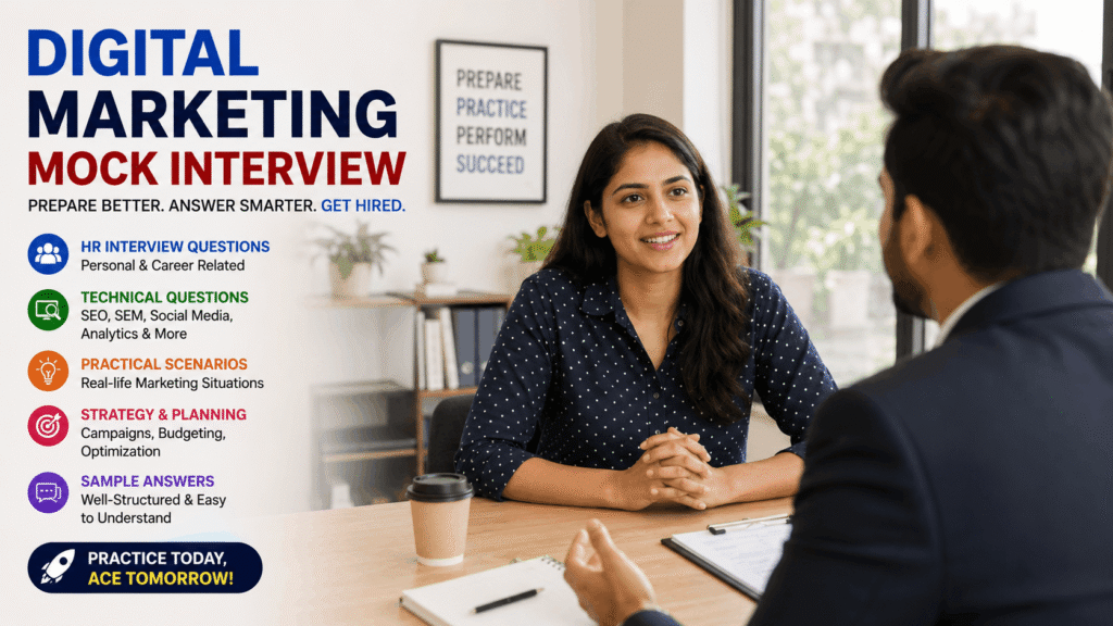 Digital marketing mock interview for freshers with interviewer and candidate in a professional office setting