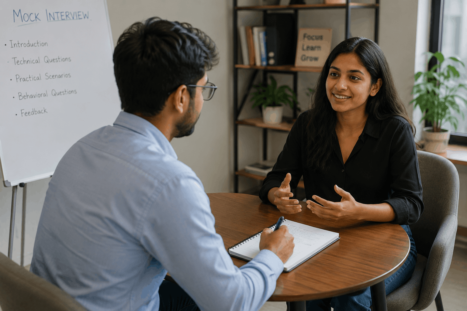 Two people practicing a digital marketing mock interview in a professional office setting with feedback and interview preparation notes.