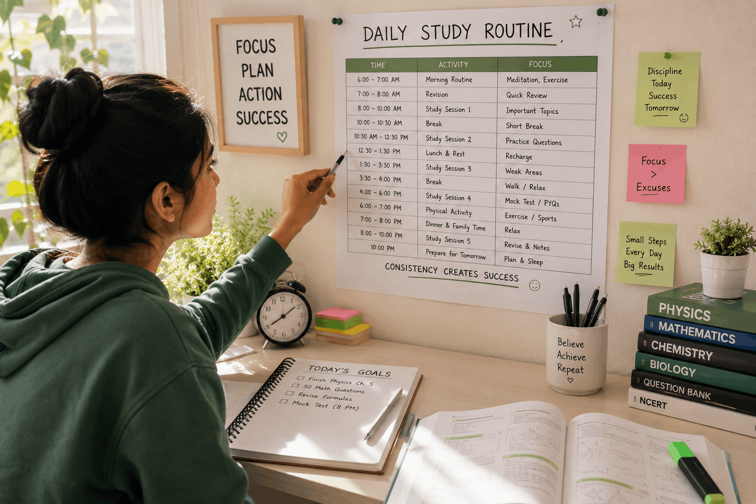 "Student writing academic goals in notebook for exam success"