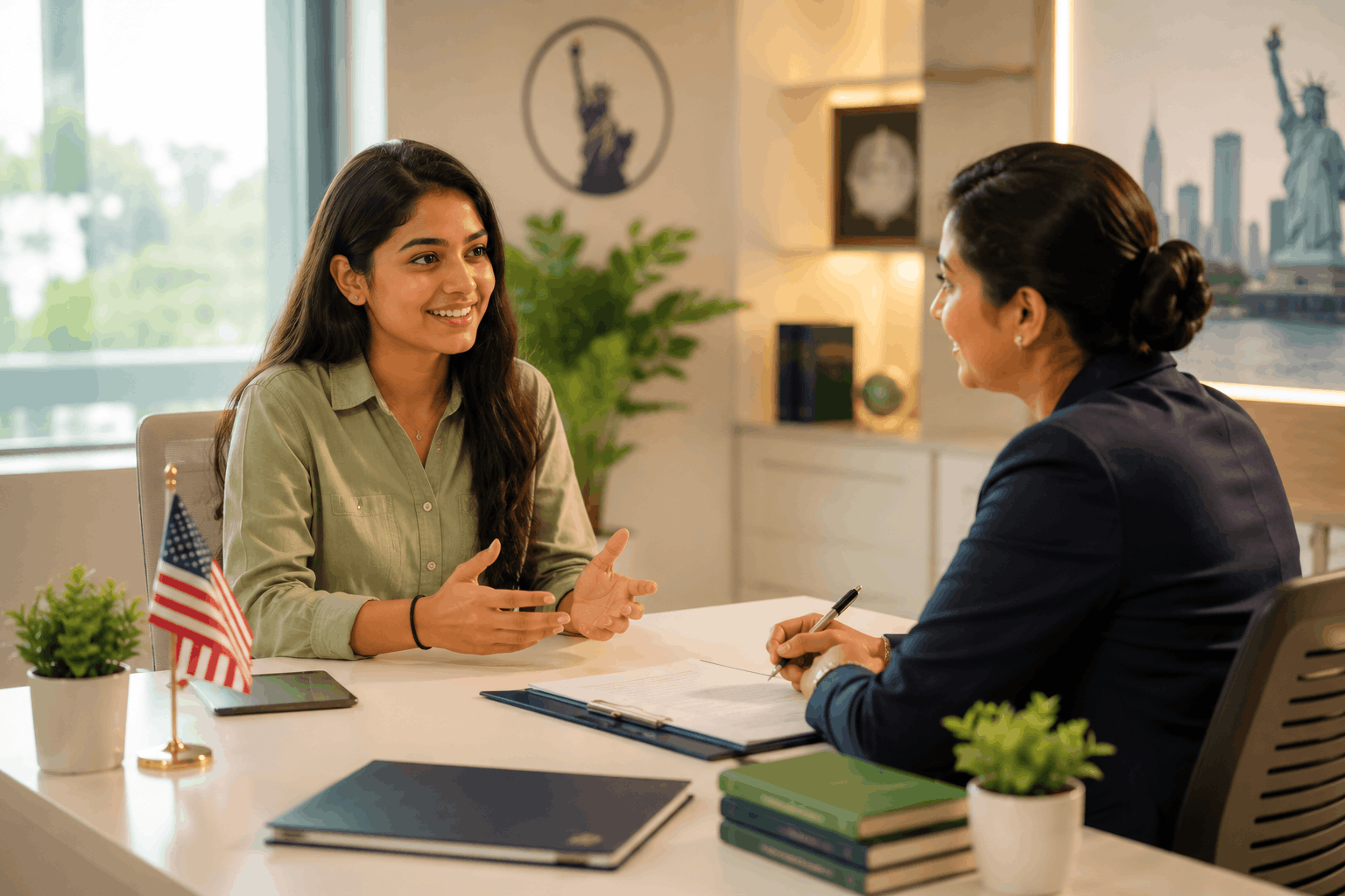 "International student confidently speaking with a US F1 visa interviewer in a modern embassy office during an English communication interview"