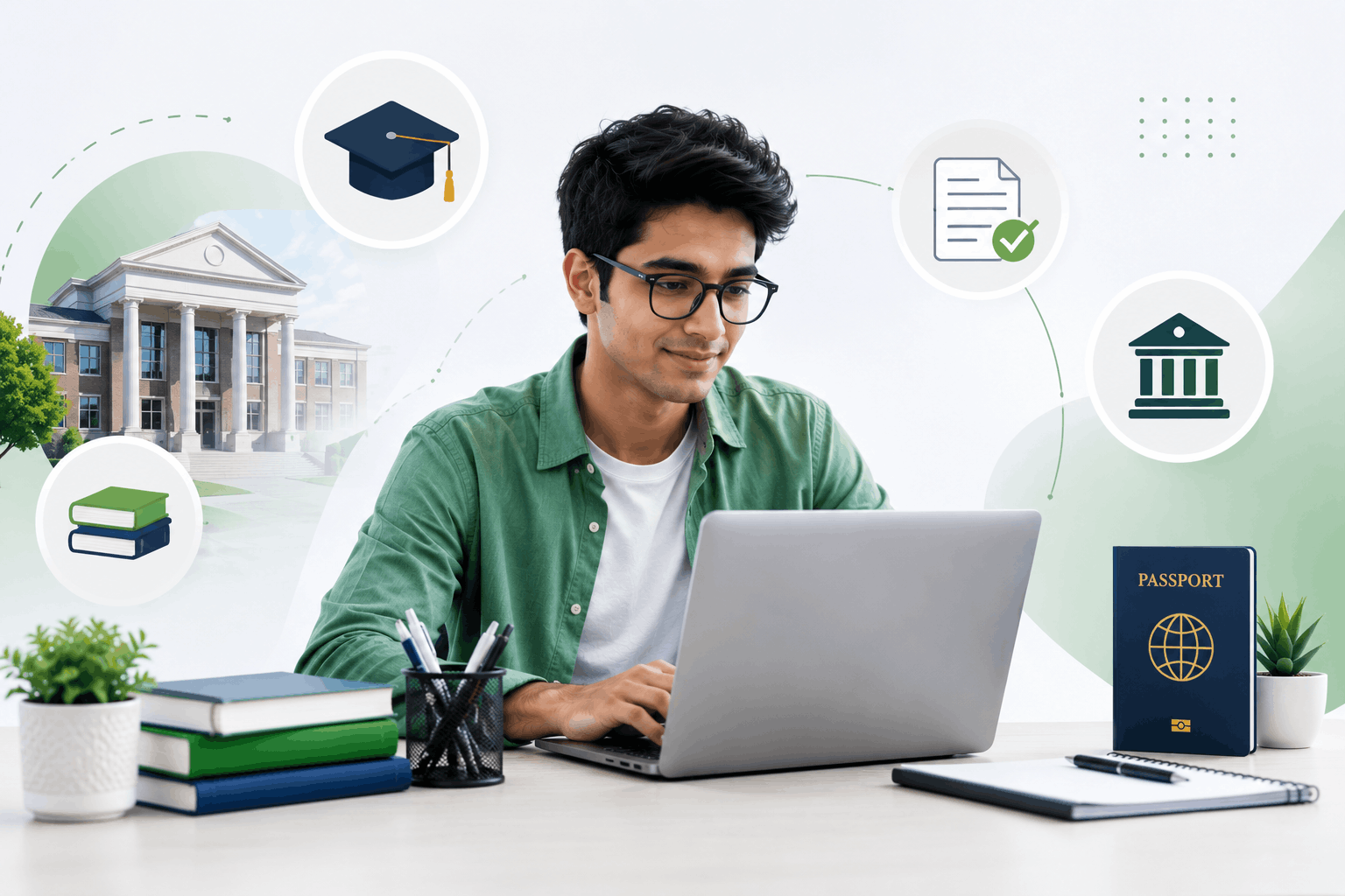 "Student researching universities and courses on a laptop with graduation cap, university, and education icons for USA F1 visa interview preparation"