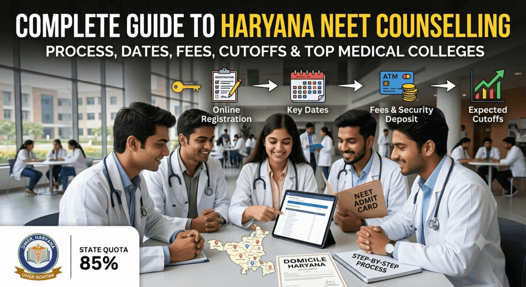 Haryana NEET Counselling process banner showing medical students looking at a tablet with the Haryana state quota map and documents.