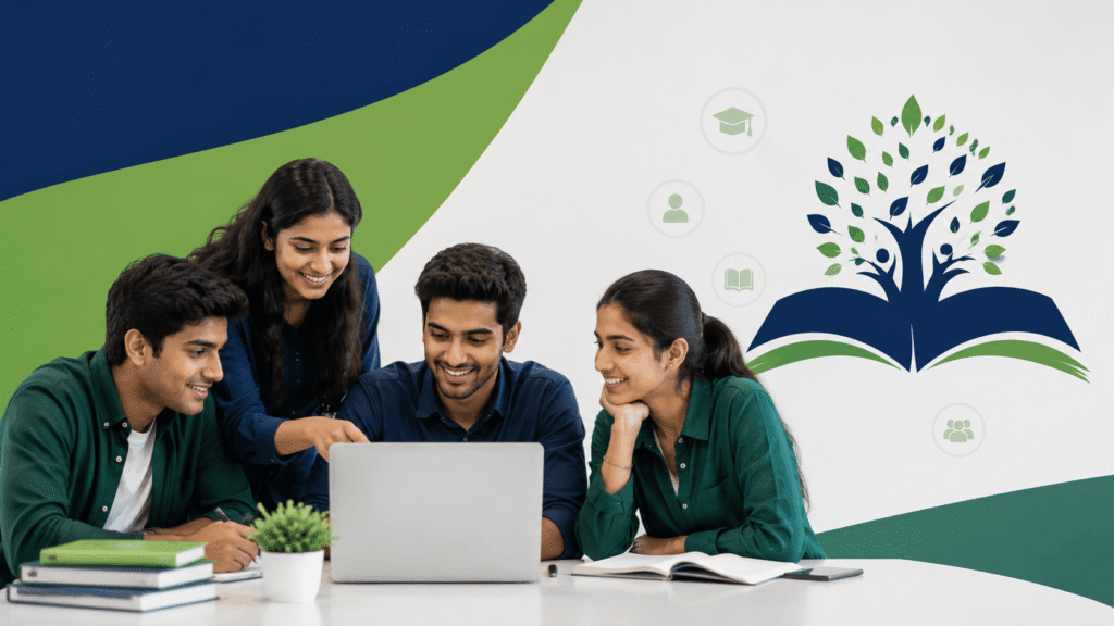 "Young Indian students collaborating on a laptop in a modern learning environment representing education, career guidance, and academic success."