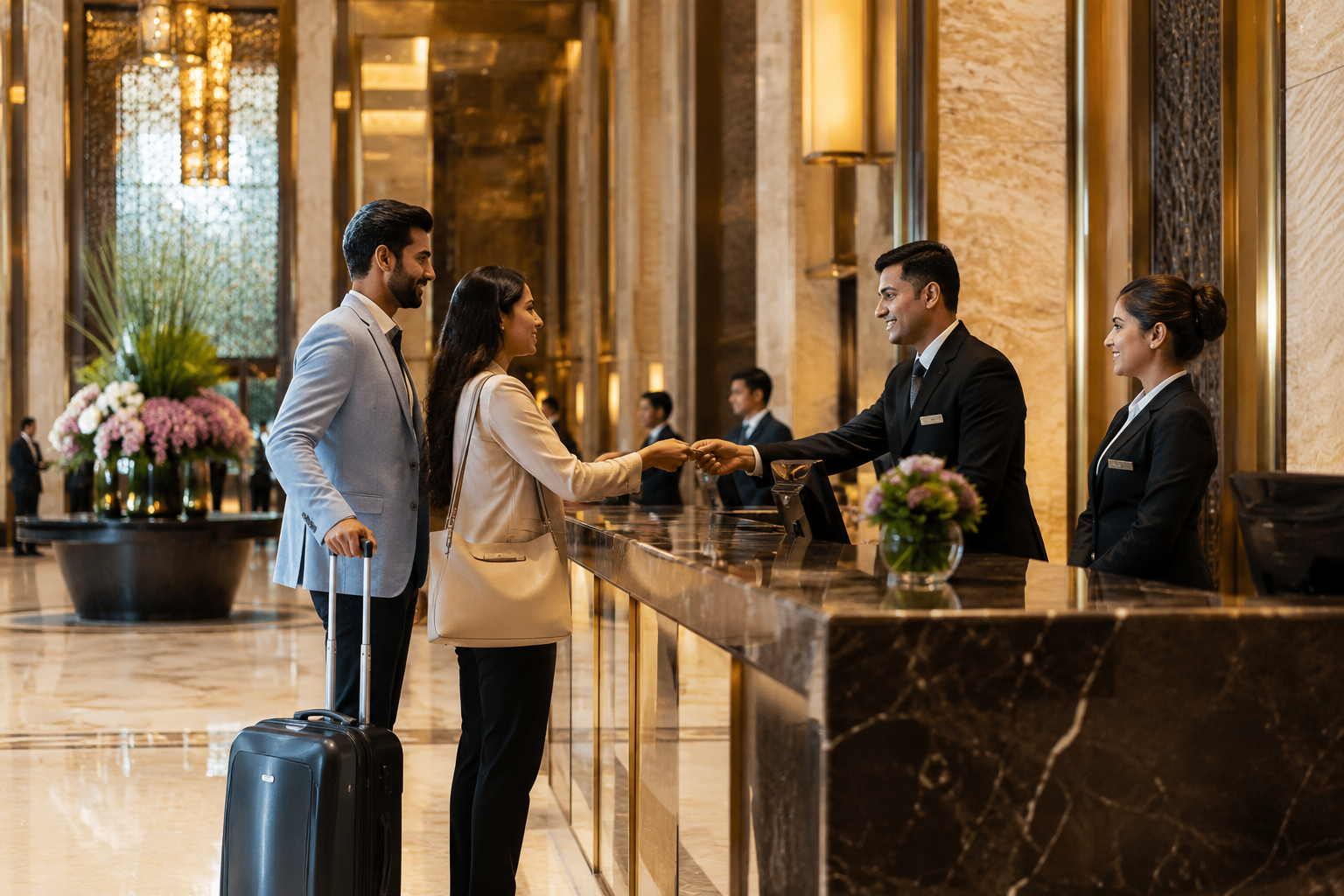 "Hotel management professional at hotel reception - hospitality career after arts"