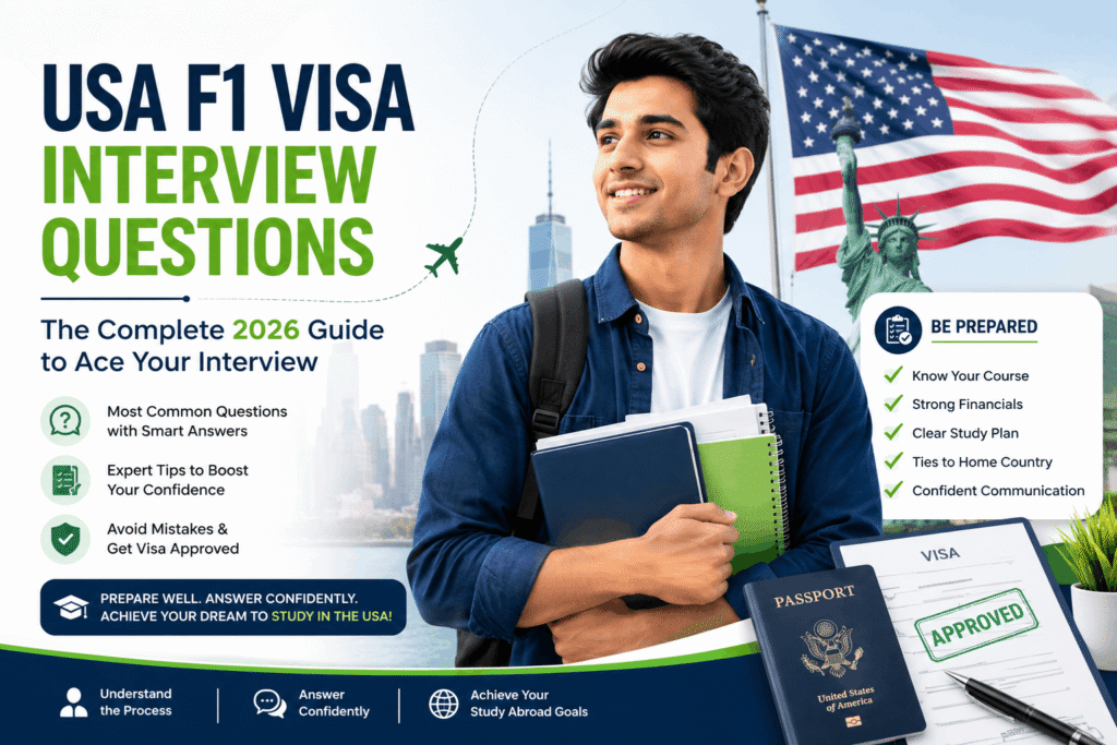 "USA F1 visa interview questions 2026 guide featuring an international student preparing for a US student visa interview with passport, visa documents, and study abroad checklist"