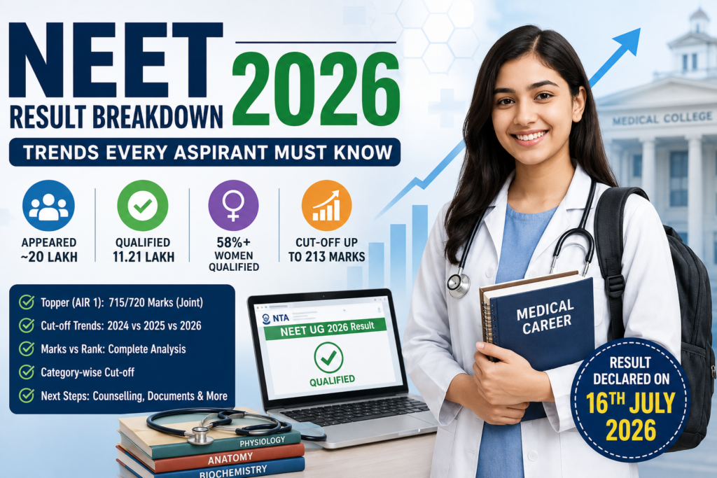 NEET Result Breakdown 2026 featured image with medical books and stethoscope