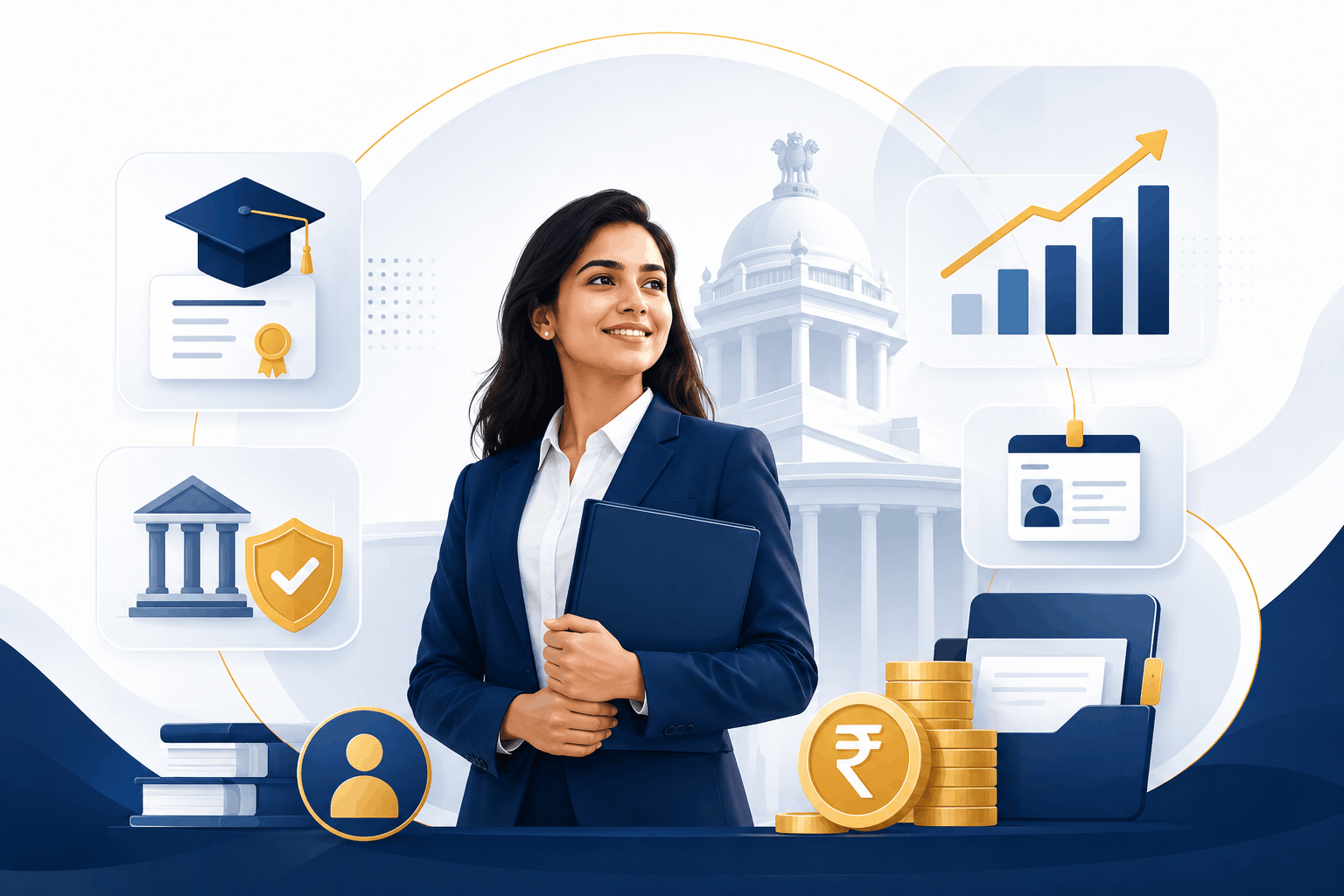 Female income tax officer reviewing documents at her office desk