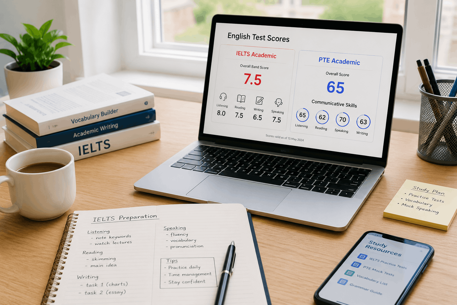 "Student reviewing IELTS and PTE Academic test scores for Australian university admission"