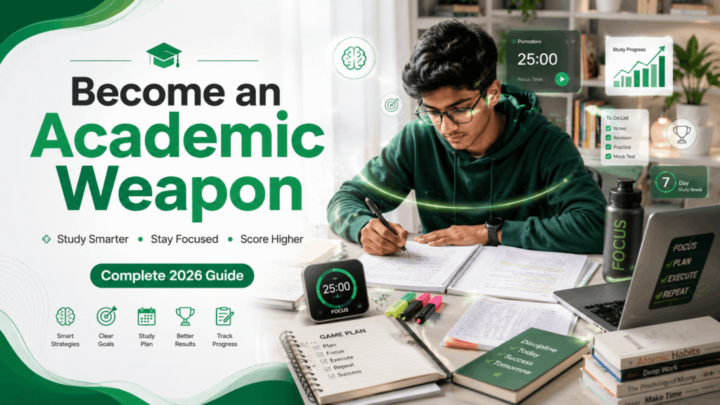 Academic Weapon study guide banner showing an Indian student using focused study techniques, color-coded notes, and productivity tools for better exam preparation in 2026