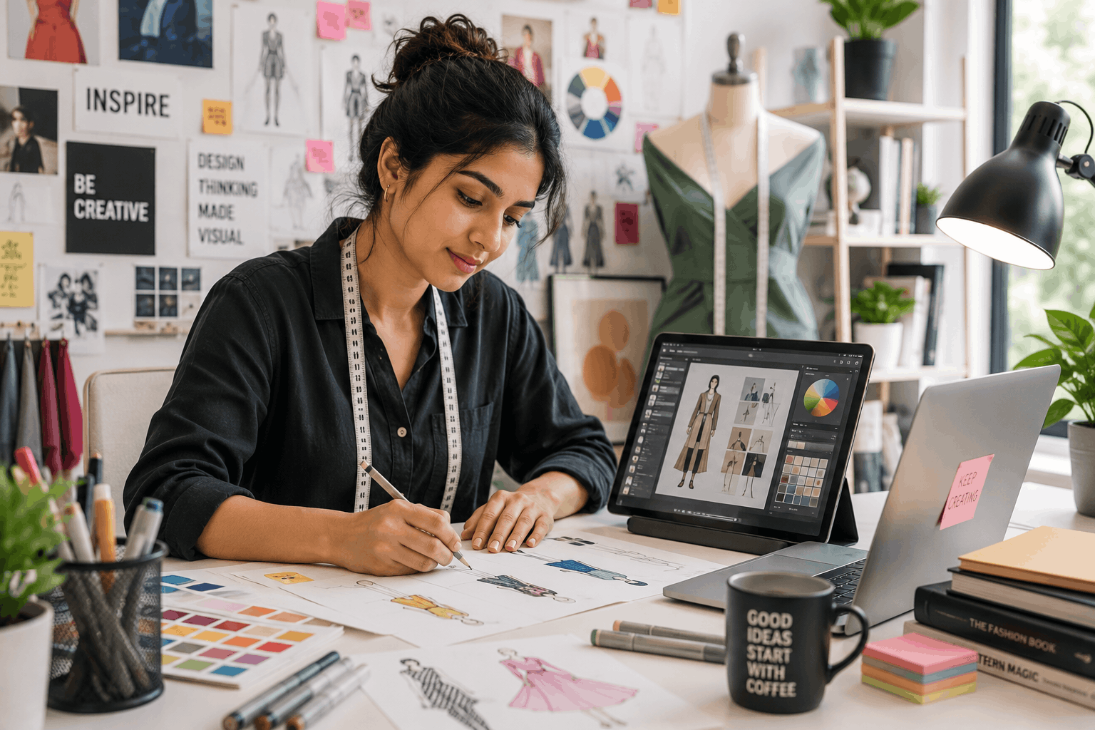 "Fashion and graphic design student working on creative project"