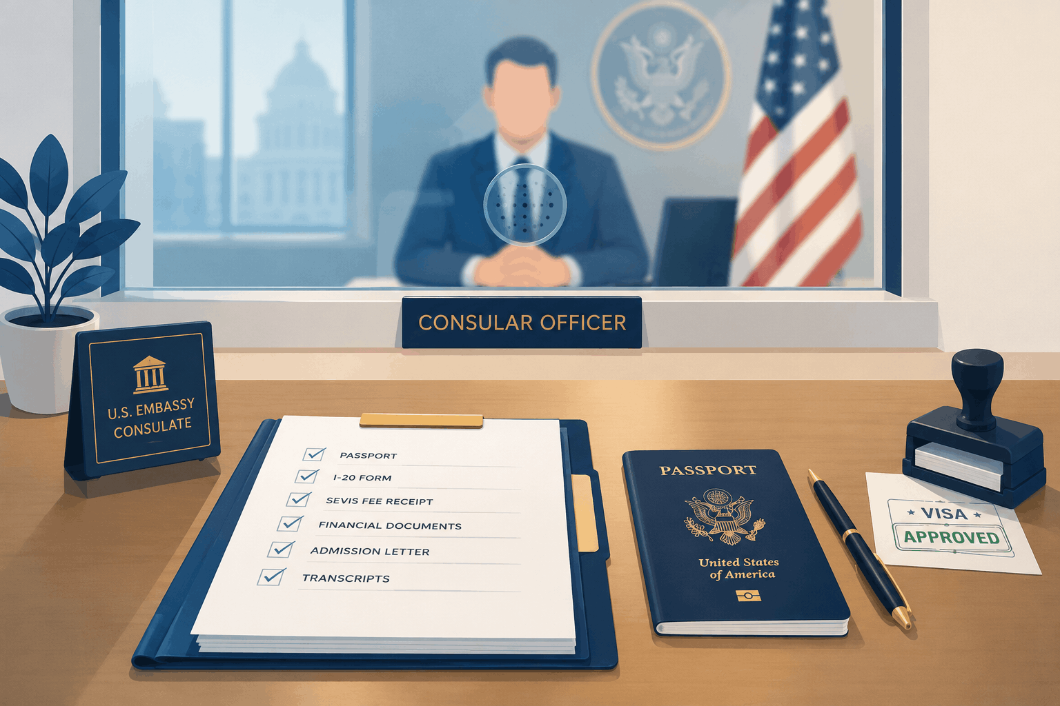 US consular officer desk during F1 visa interview process