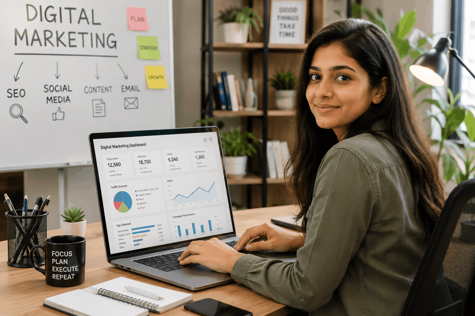 Digital marketing professional working on laptop - career after arts stream"

5. Journalism Section