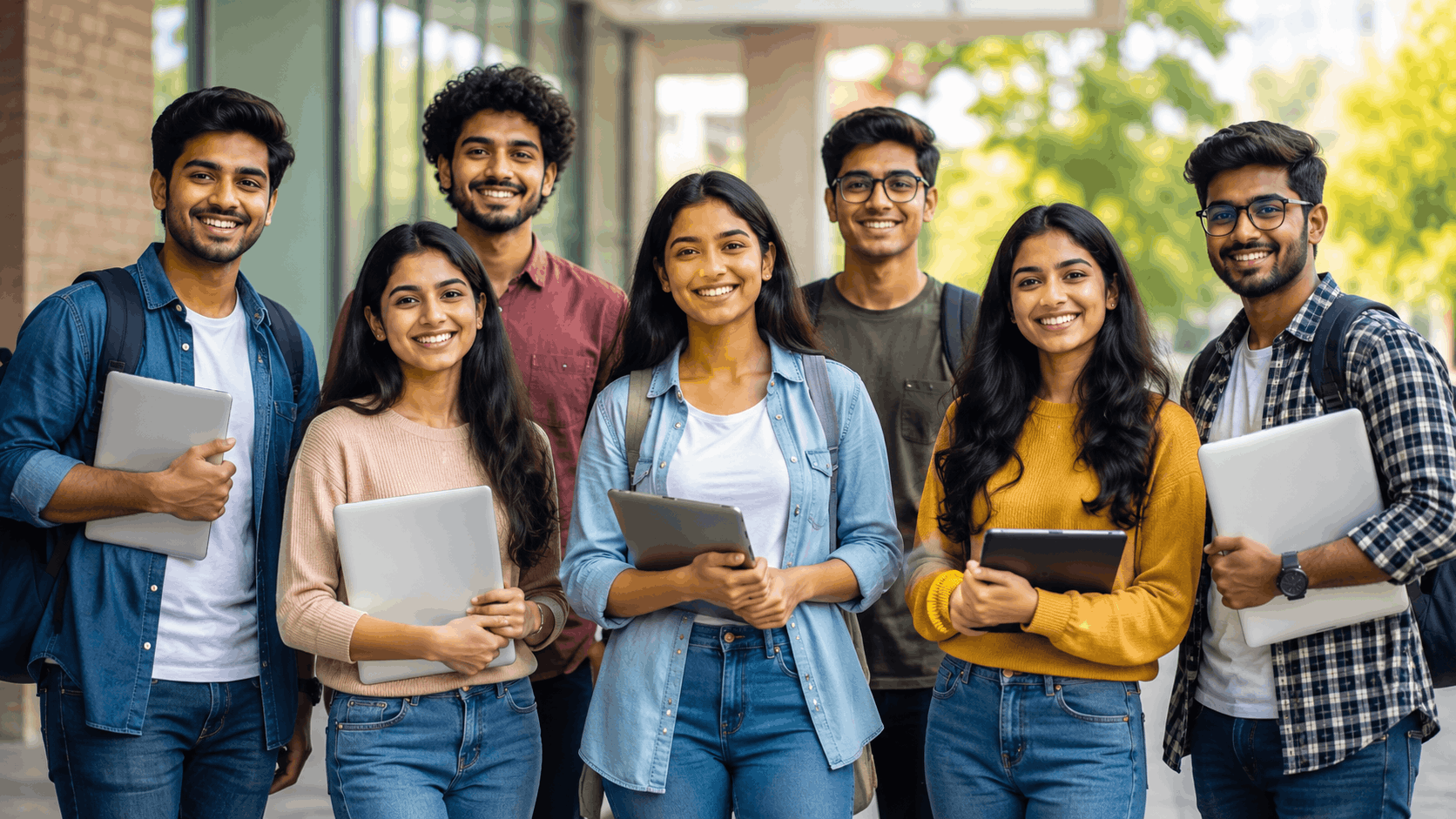 Smiling students in modern campus setting