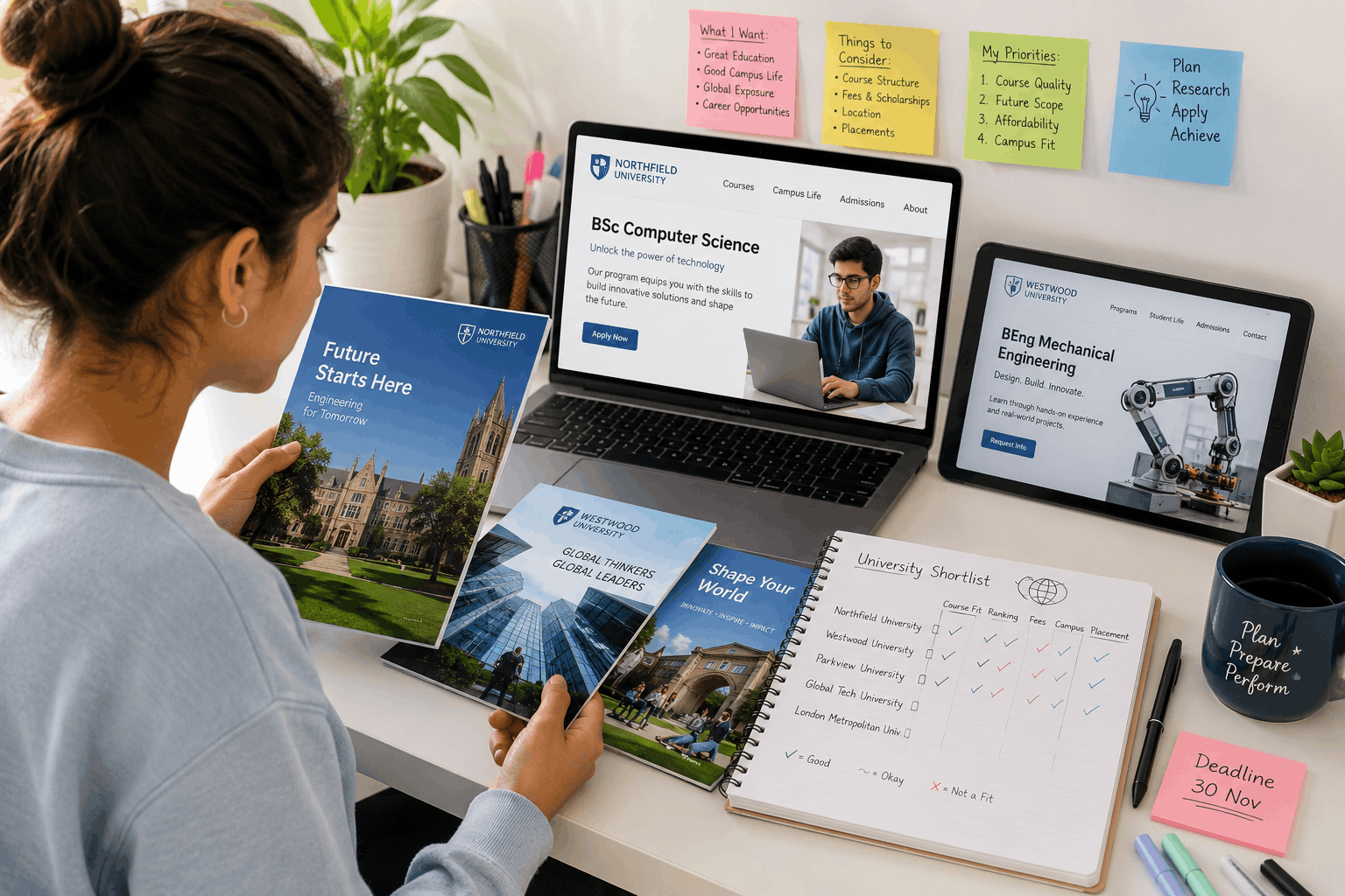 "Student comparing shortlisted Australian universities and courses for study abroad application"