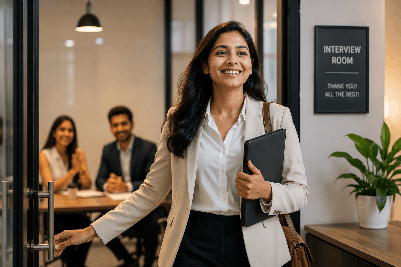 Young professional smiling after a successful digital marketing mock interview while leaving the interview room with confidence.