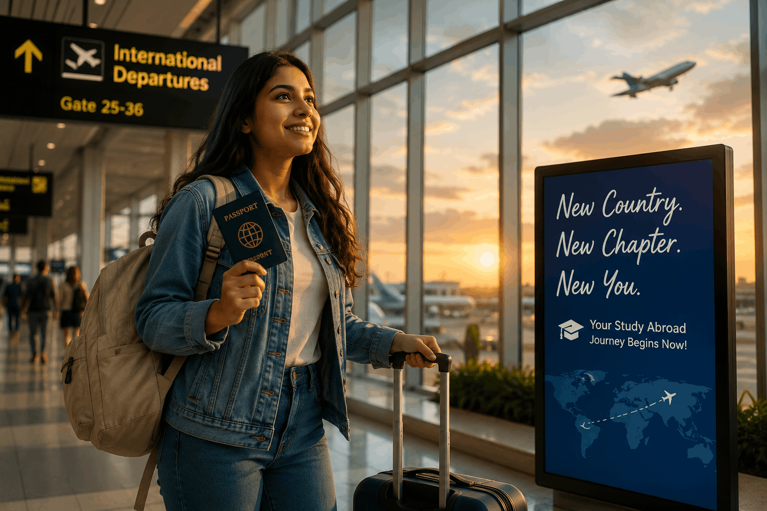 "International student with suitcase and passport ready to study abroad in Australia"