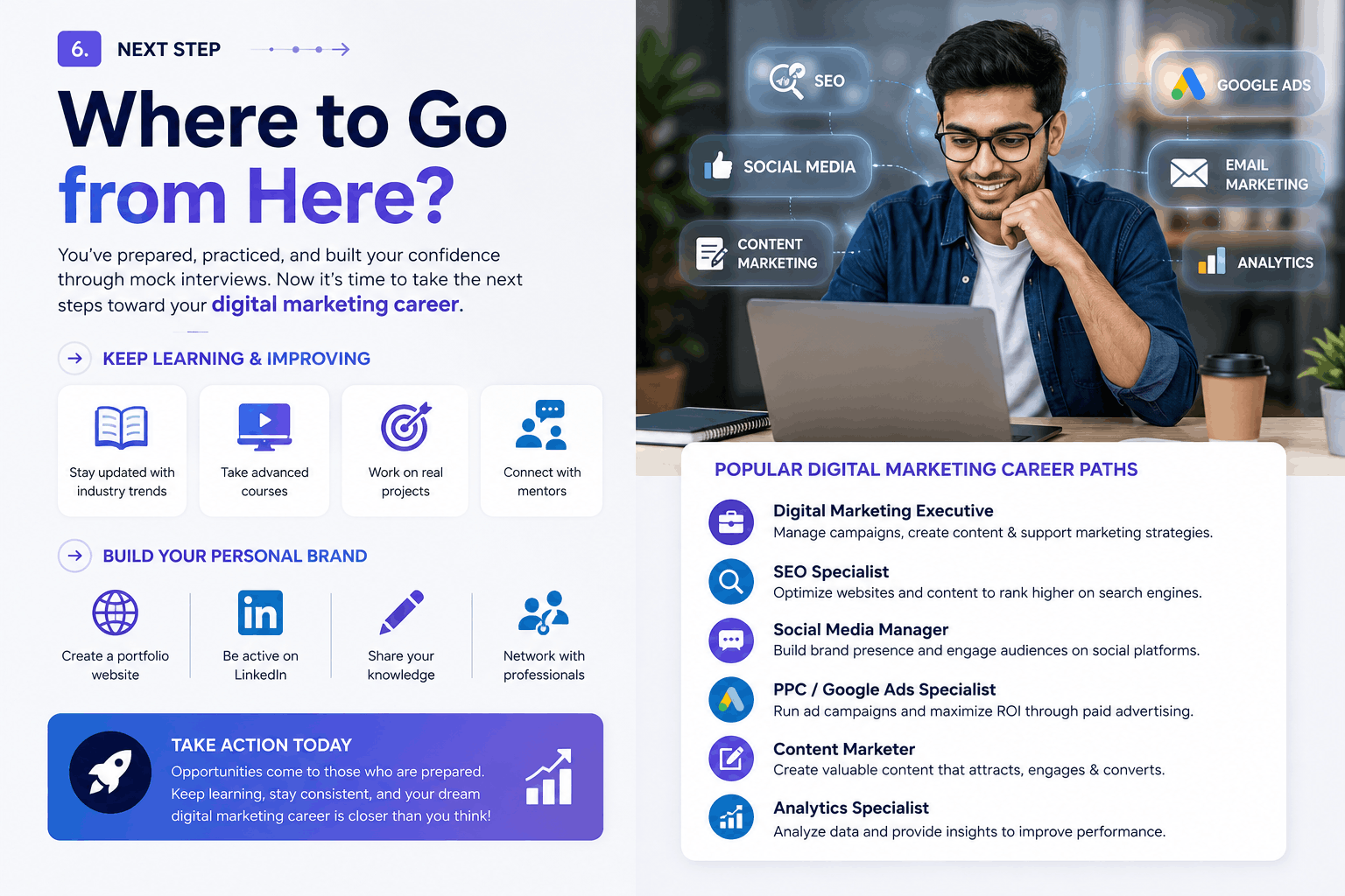 Digital marketing career roadmap showing next steps after a mock interview, including SEO, Google Ads, content marketing, analytics, and career opportunities.