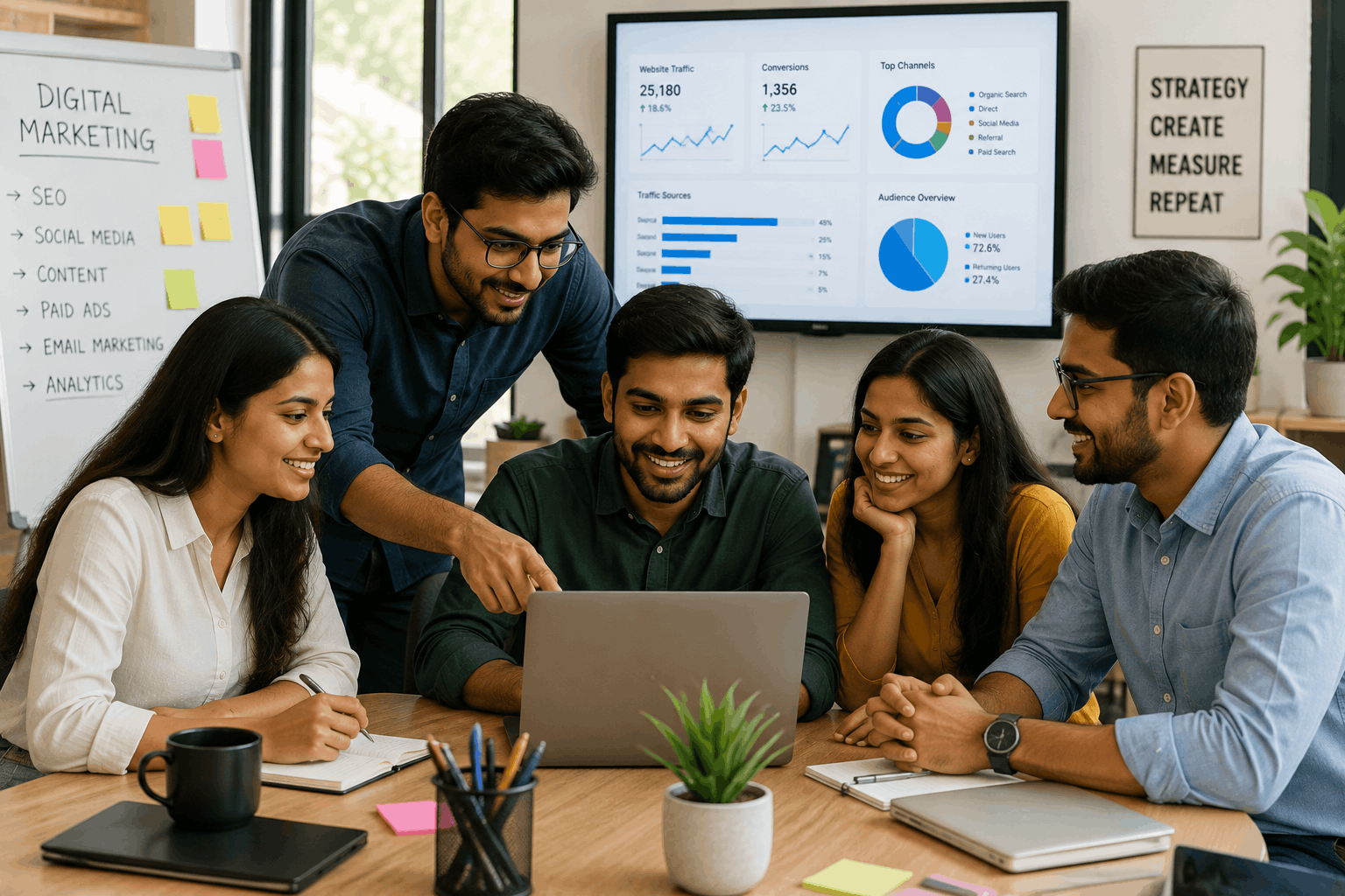 Young Indian digital marketing professionals collaborating in a modern startup office with analytics dashboard and team discussion.