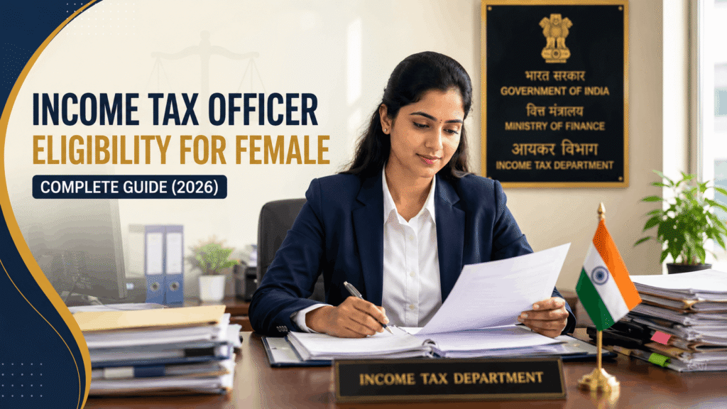"Female income tax officer reviewing documents at her office desk"