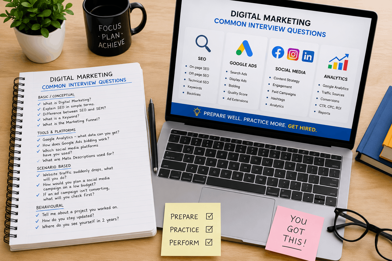 Digital marketing interview questions checklist with SEO, Google Ads, social media, and analytics notes on a laptop and notebook.