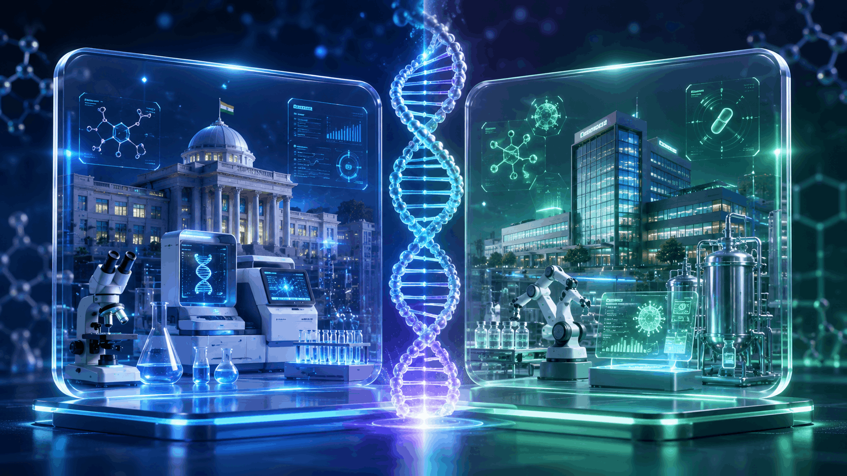 Career pathway after BSc Biotechnology with futuristic biotech research and industry illustration