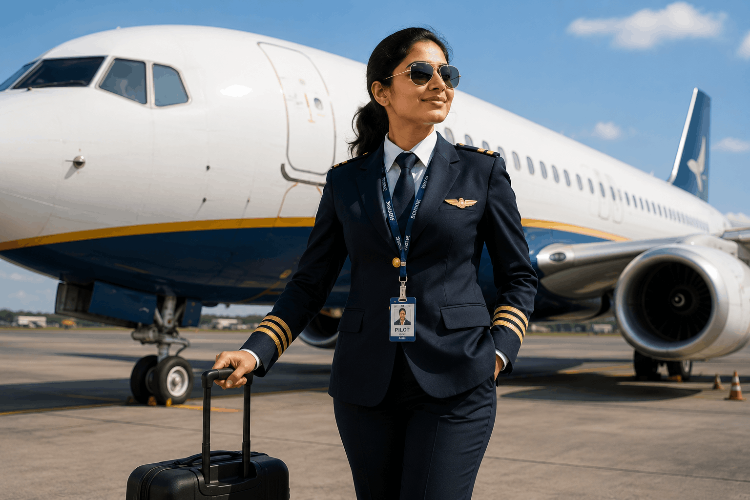  Female commercial pilot standing beside aircraft in India