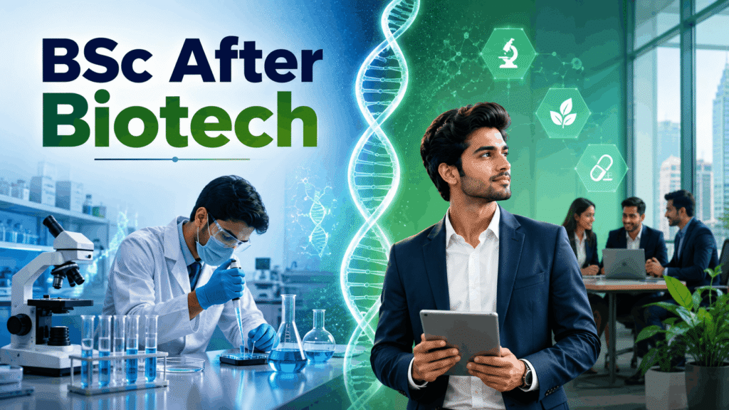Career After BSc Biotech banner showing biotechnology laboratory, DNA helix, and biotechnology career opportunities with a young professional