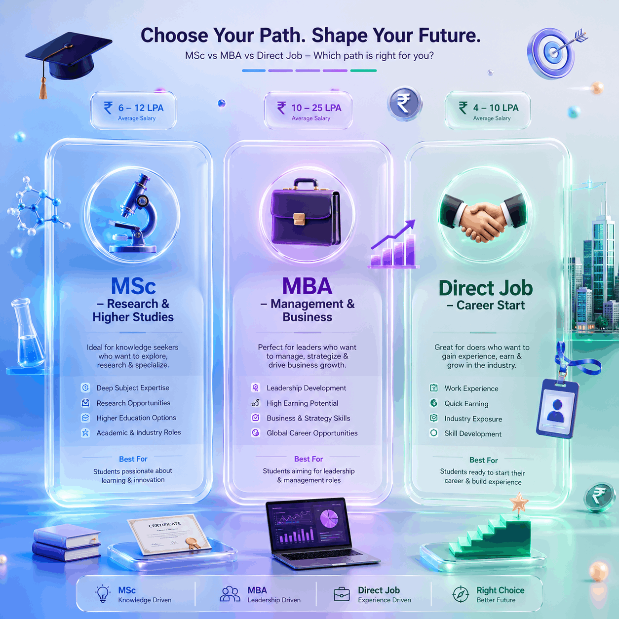 "MSc vs MBA vs Direct Job comparison infographic with salary and career paths."