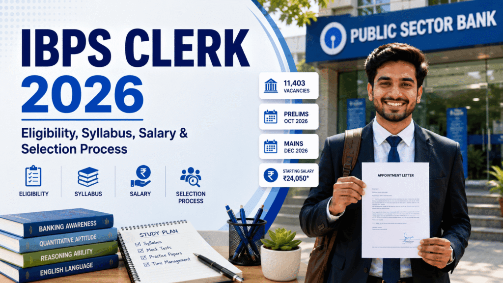 "IBPS Clerk 2026 eligibility syllabus salary selection process featured image"