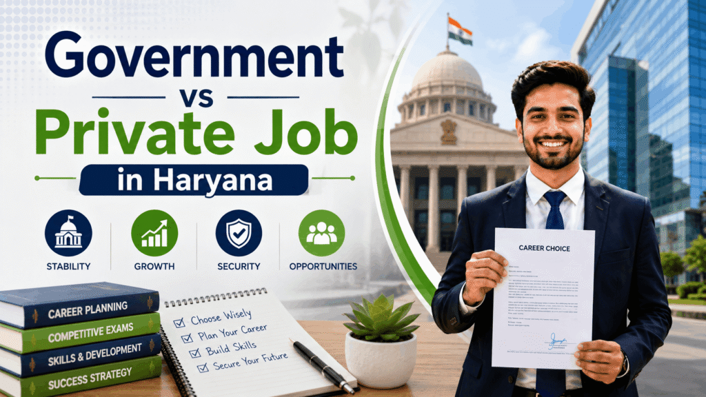 "Government vs private job in Haryana - career choice illustration"