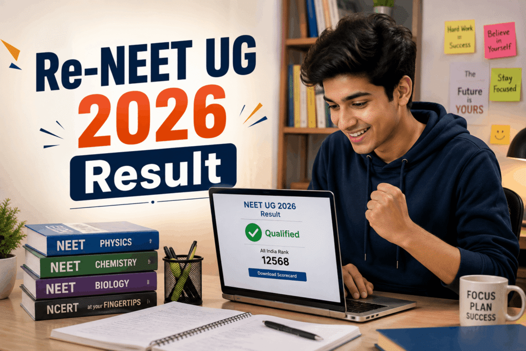 Re-NEET UG 2026 Result shown on laptop with Indian student checking exam result at home
