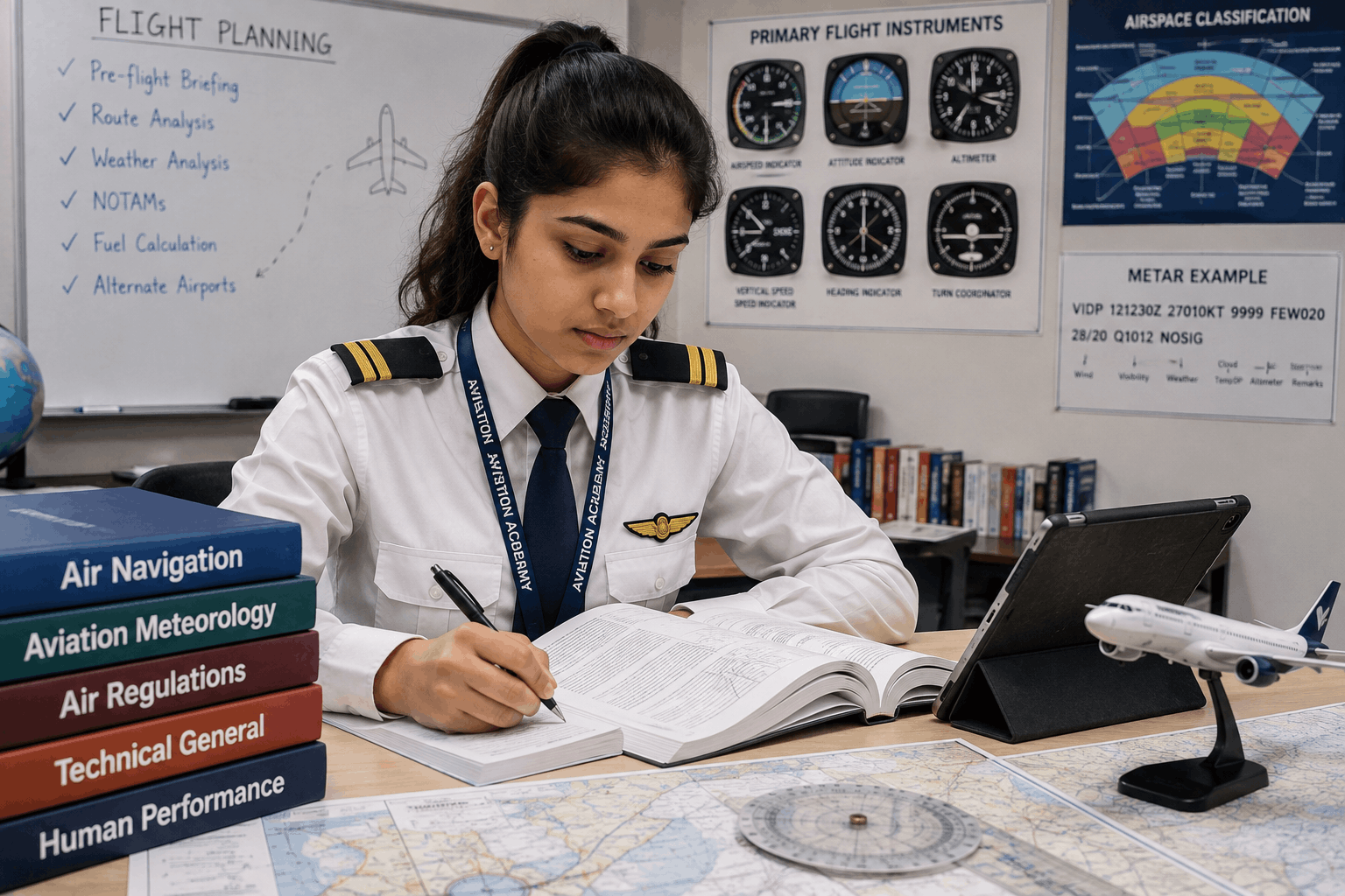 school/classroom Young woman pilot trainee studying navigation charts in ground school