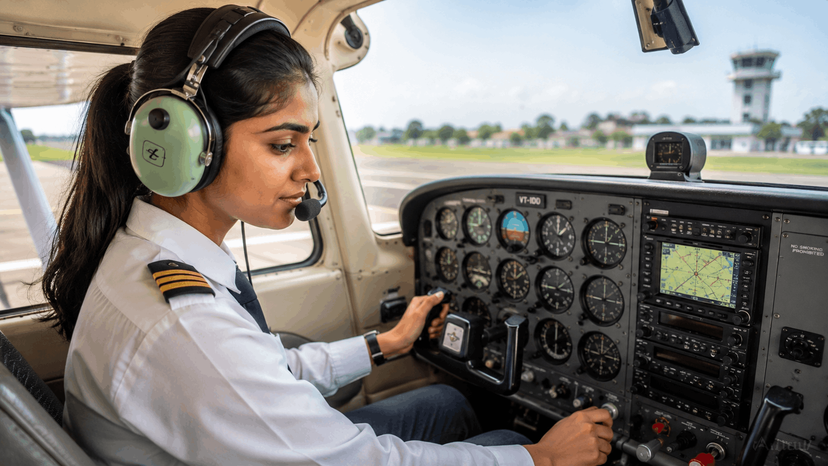 Female student pilot training in aircraft cockpit with instructor