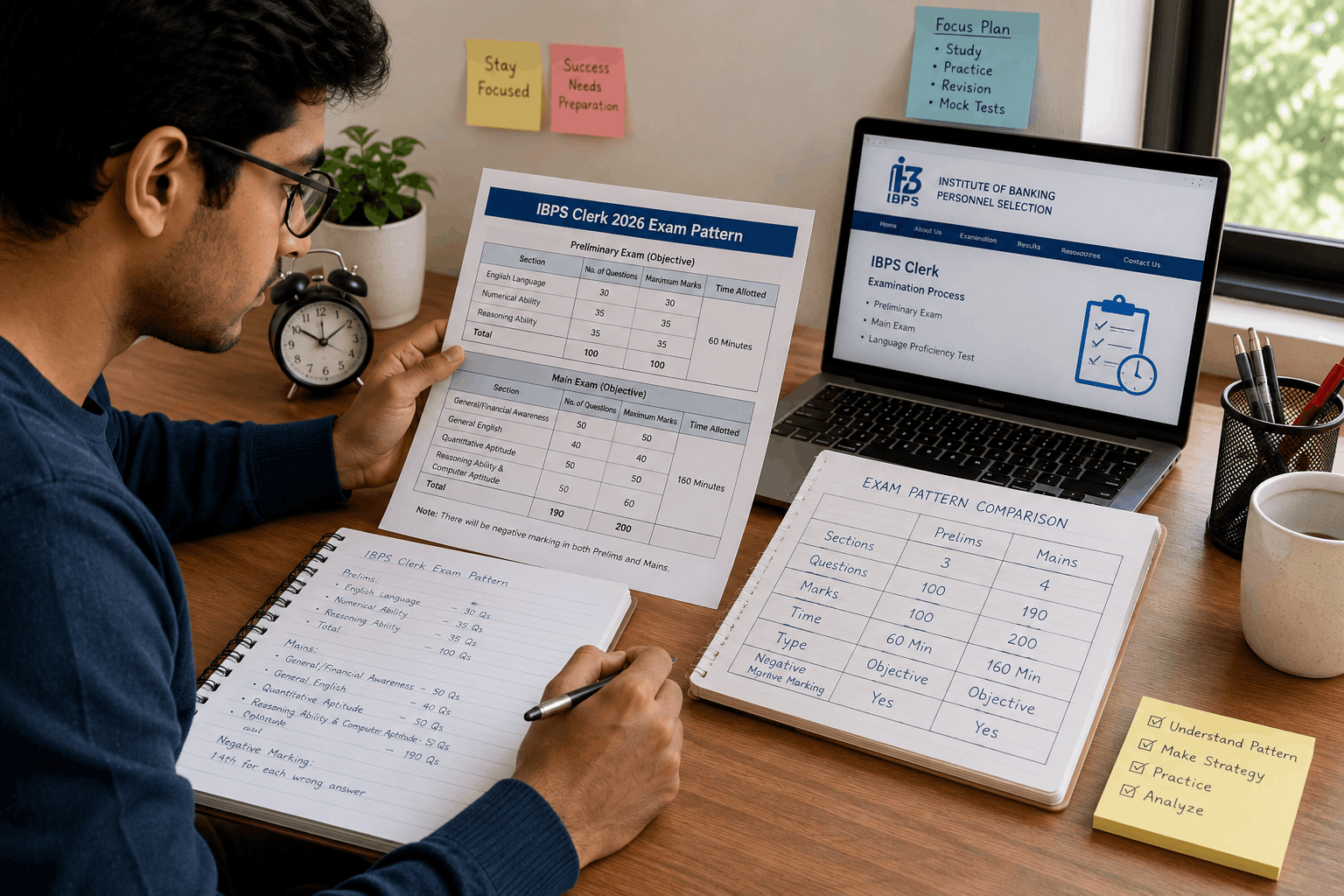 "IBPS Clerk 2026 exam pattern tables showing prelims and mains sections with student studying at desk"