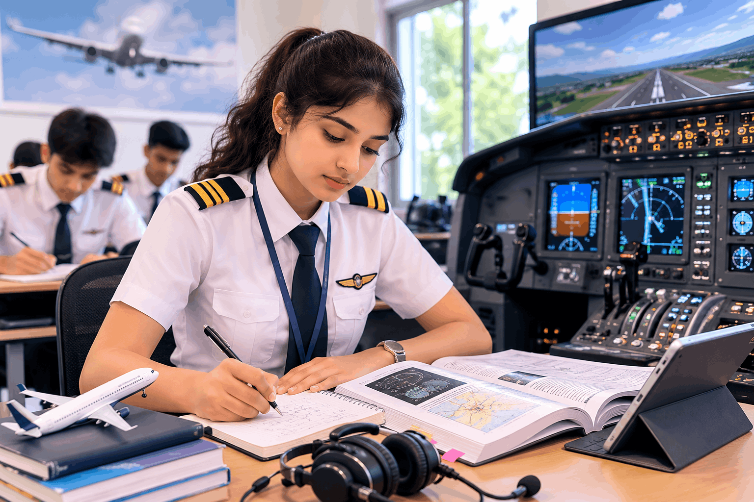 Young woman pilot trainee studying navigation charts in ground school